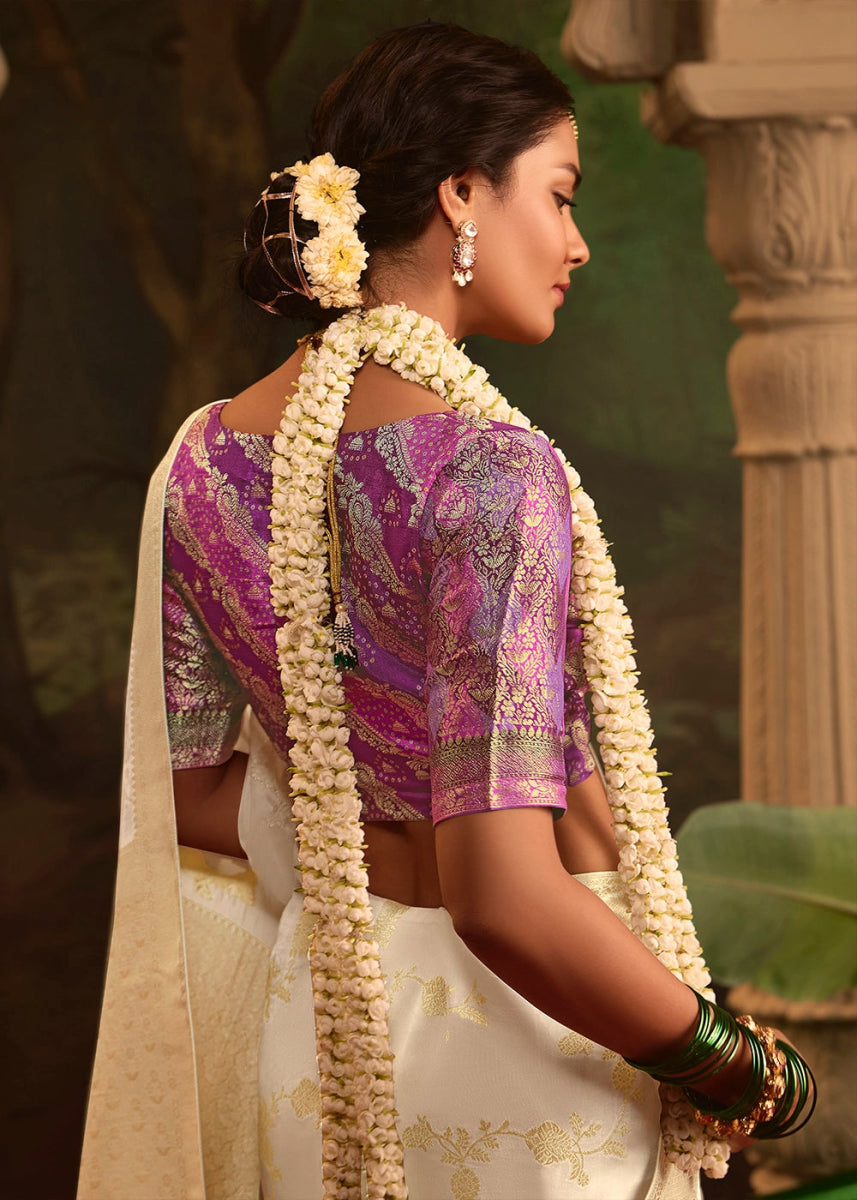Cream White Crepe Dola Silk Saree with Rich Zari Weaving - House of Sarvati LLC