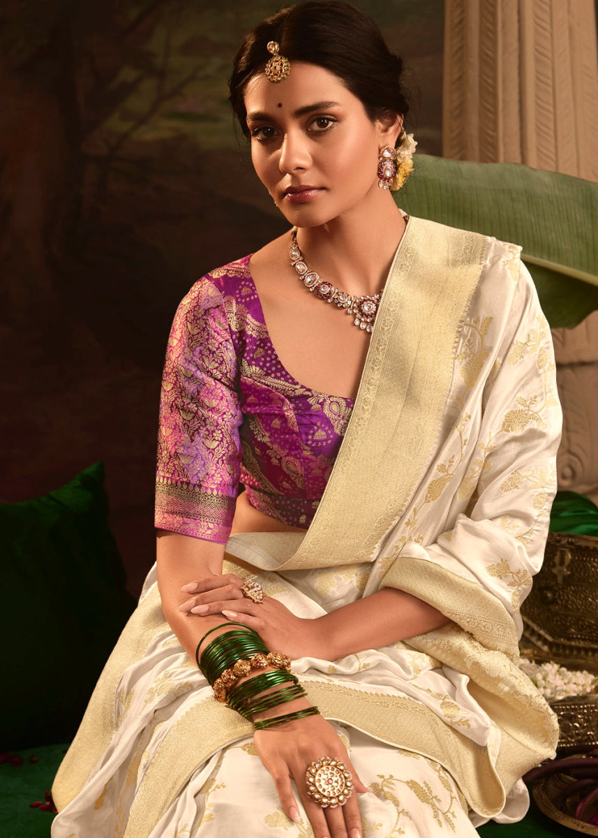 Cream White Crepe Dola Silk Saree with Rich Zari Weaving - House of Sarvati LLC