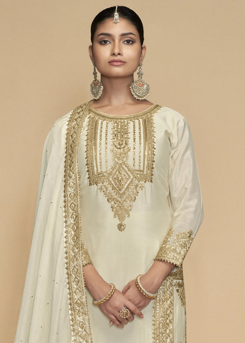 Cream White Designer Pant Suit in Chinon Silk with Luxe Embroidered Finish - House of Sarvati LLC