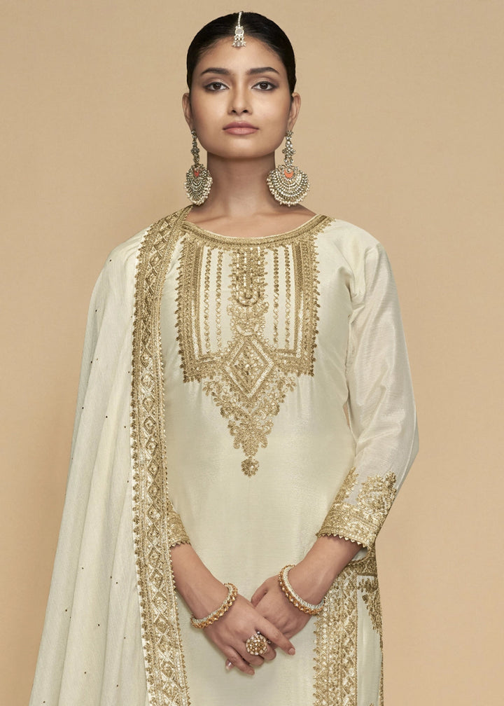 Cream White Designer Pant Suit in Chinon Silk with Luxe Embroidered Finish - House of Sarvati LLC