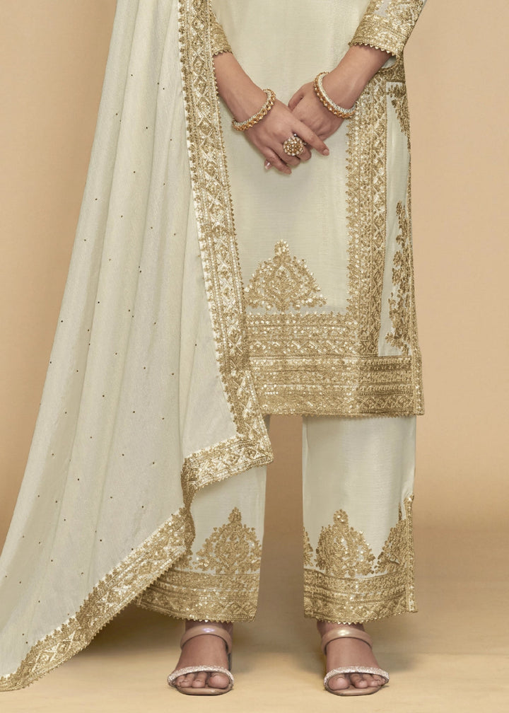Cream White Designer Pant Suit in Chinon Silk with Luxe Embroidered Finish - House of Sarvati LLC