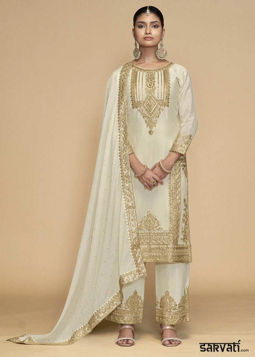 Cream White Designer Pant Suit in Chinon Silk with Luxe Embroidered Finish - House of Sarvati LLC