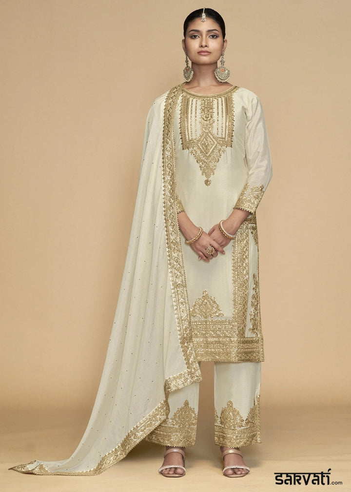 Cream White Designer Pant Suit in Chinon Silk with Luxe Embroidered Finish - House of Sarvati LLC