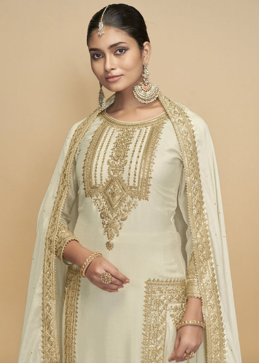 Cream White Designer Pant Suit in Chinon Silk with Luxe Embroidered Finish - House of Sarvati LLC