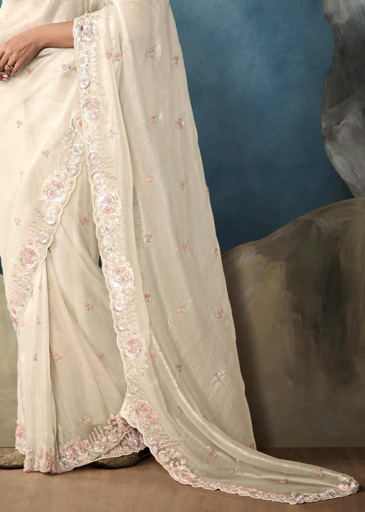 Cream White Designer Saree in Tissue Fabric with Hand Embroidery - House of Sarvati LLC