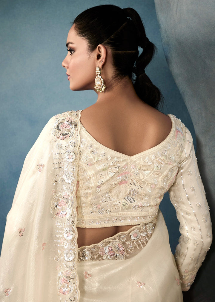 Cream White Designer Saree in Tissue Fabric with Hand Embroidery - House of Sarvati LLC