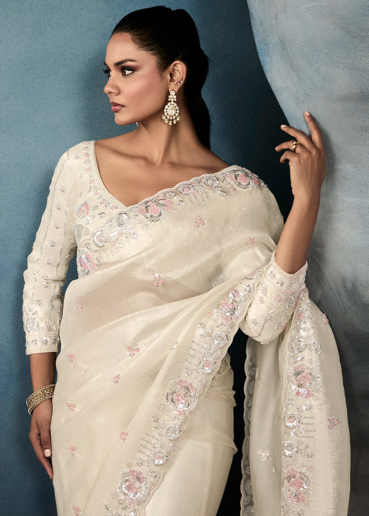 Cream White Designer Saree in Tissue Fabric with Hand Embroidery - House of Sarvati LLC