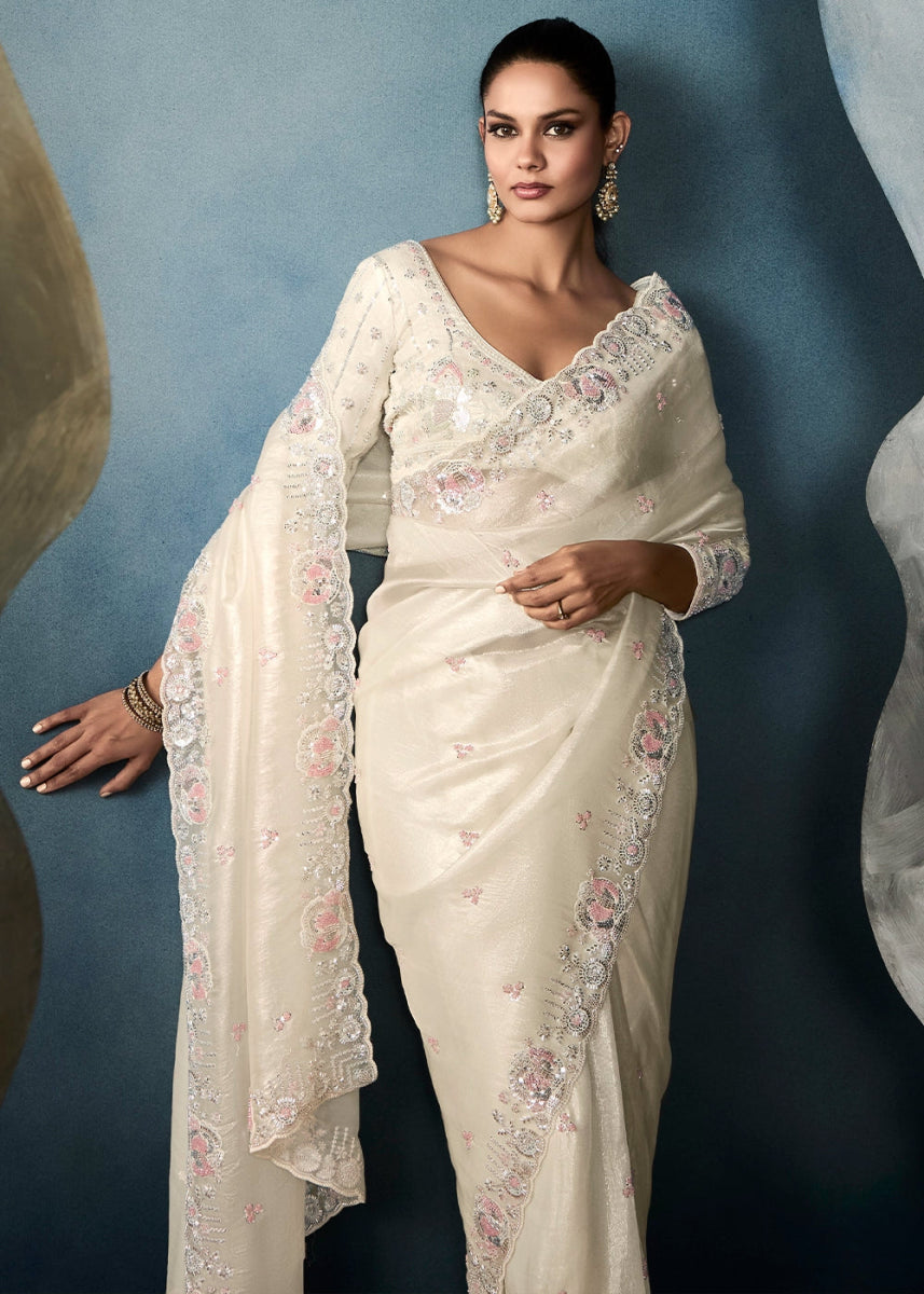 Cream White Designer Saree in Tissue Fabric with Hand Embroidery - House of Sarvati LLC