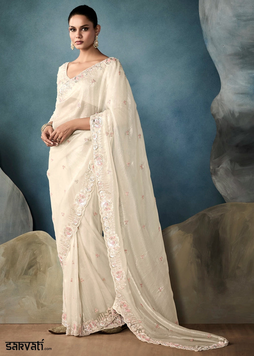 Cream White Designer Saree in Tissue Fabric with Hand Embroidery - House of Sarvati LLC