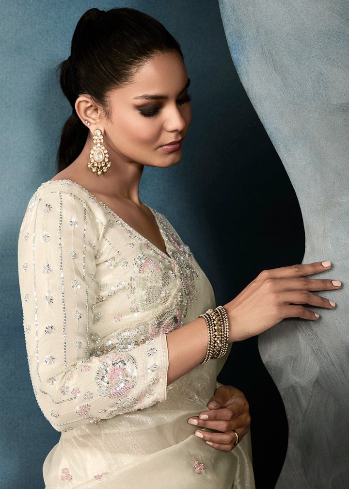 Cream White Designer Saree in Tissue Fabric with Hand Embroidery - House of Sarvati LLC