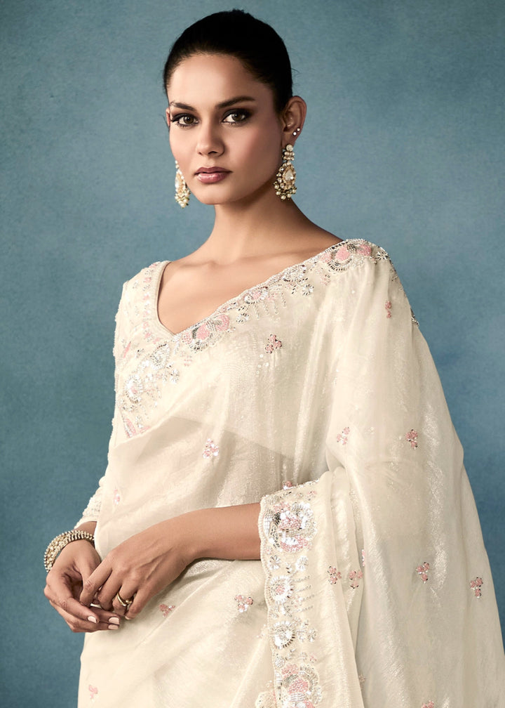 Cream White Designer Saree in Tissue Fabric with Hand Embroidery - House of Sarvati LLC