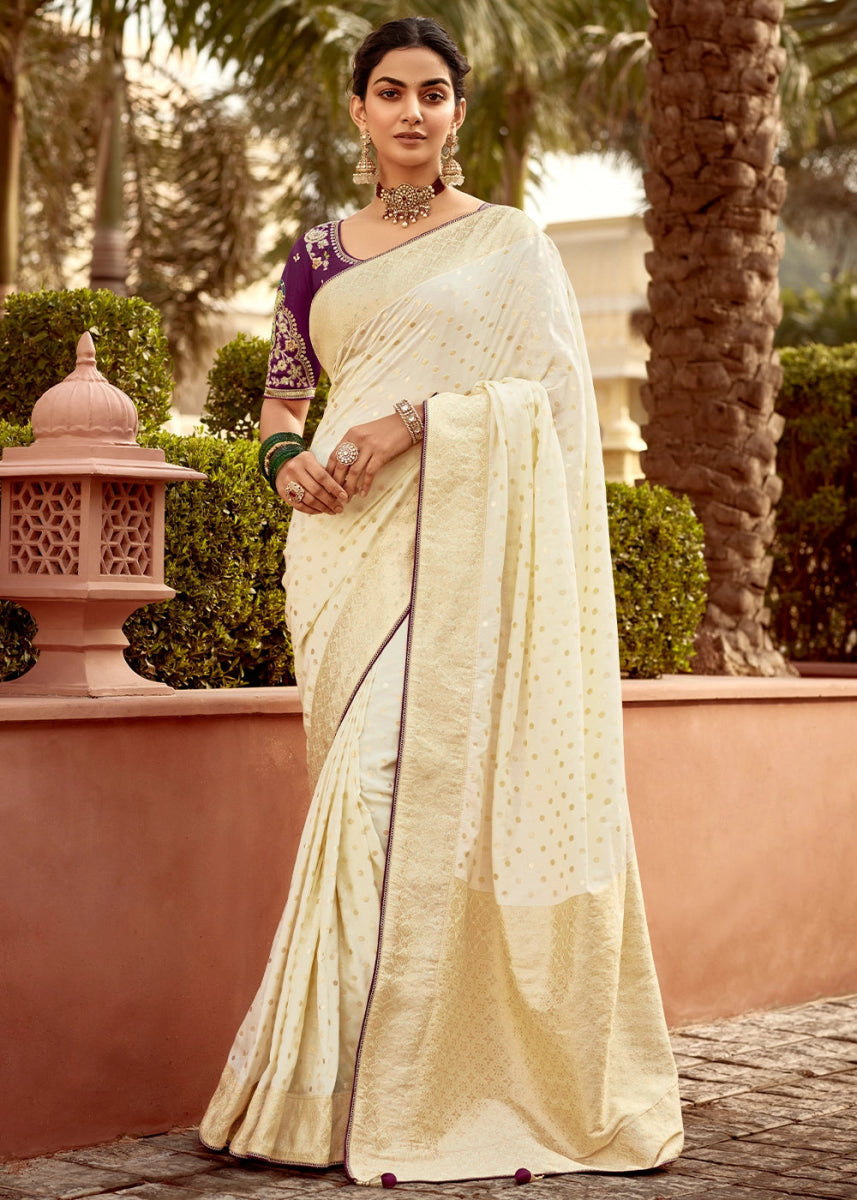 Cream White Dola Silk Saree with Intricate Weaving & Embroidered Blouse - House of Sarvati LLC