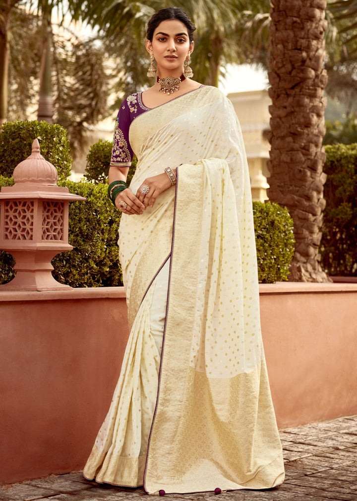 Cream White Dola Silk Saree with Intricate Weaving & Embroidered Blouse - House of Sarvati LLC
