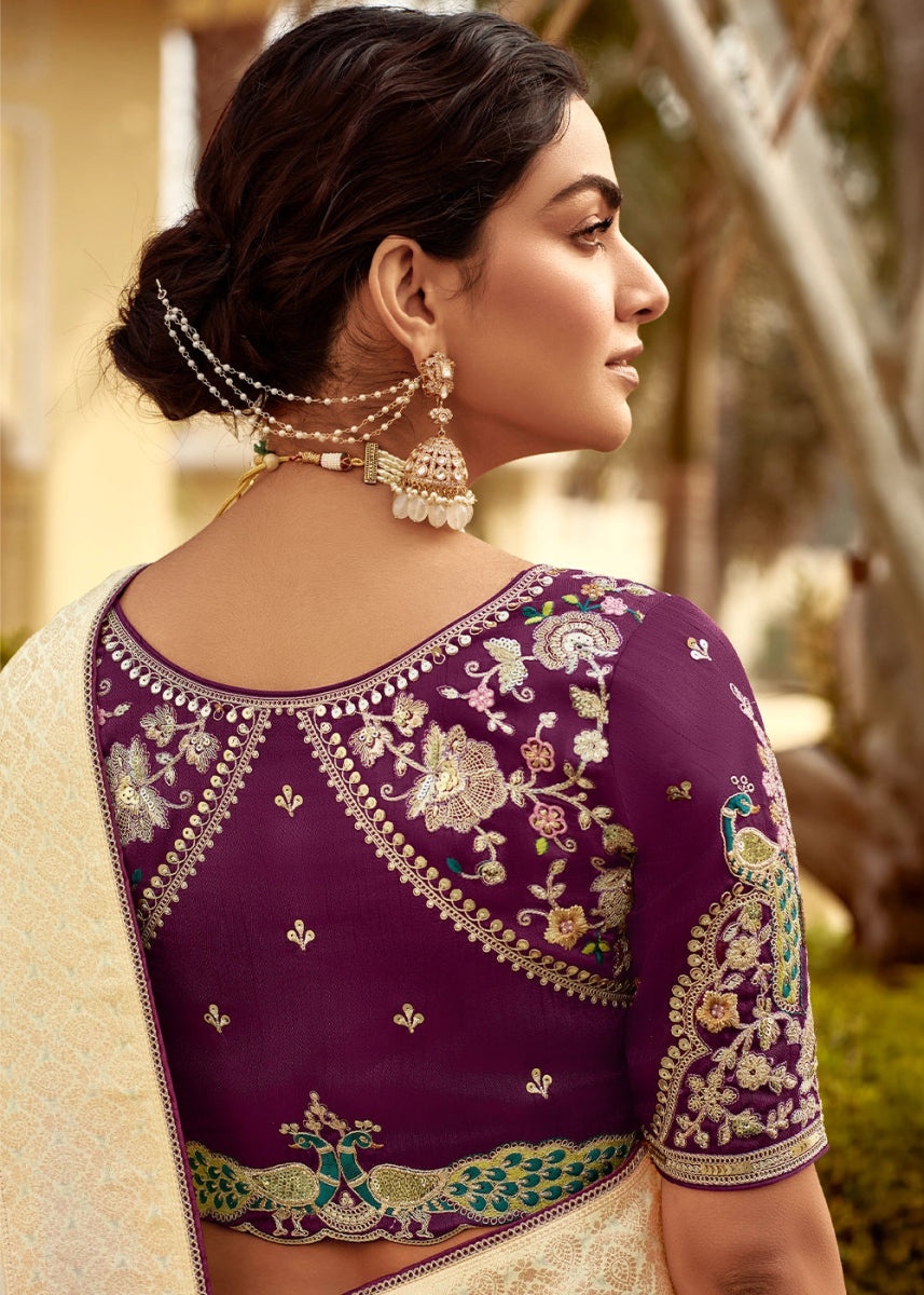 Cream White Dola Silk Saree with Intricate Weaving & Embroidered Blouse - House of Sarvati LLC