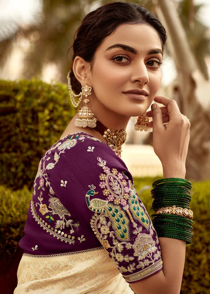 Cream White Dola Silk Saree with Intricate Weaving & Embroidered Blouse - House of Sarvati LLC