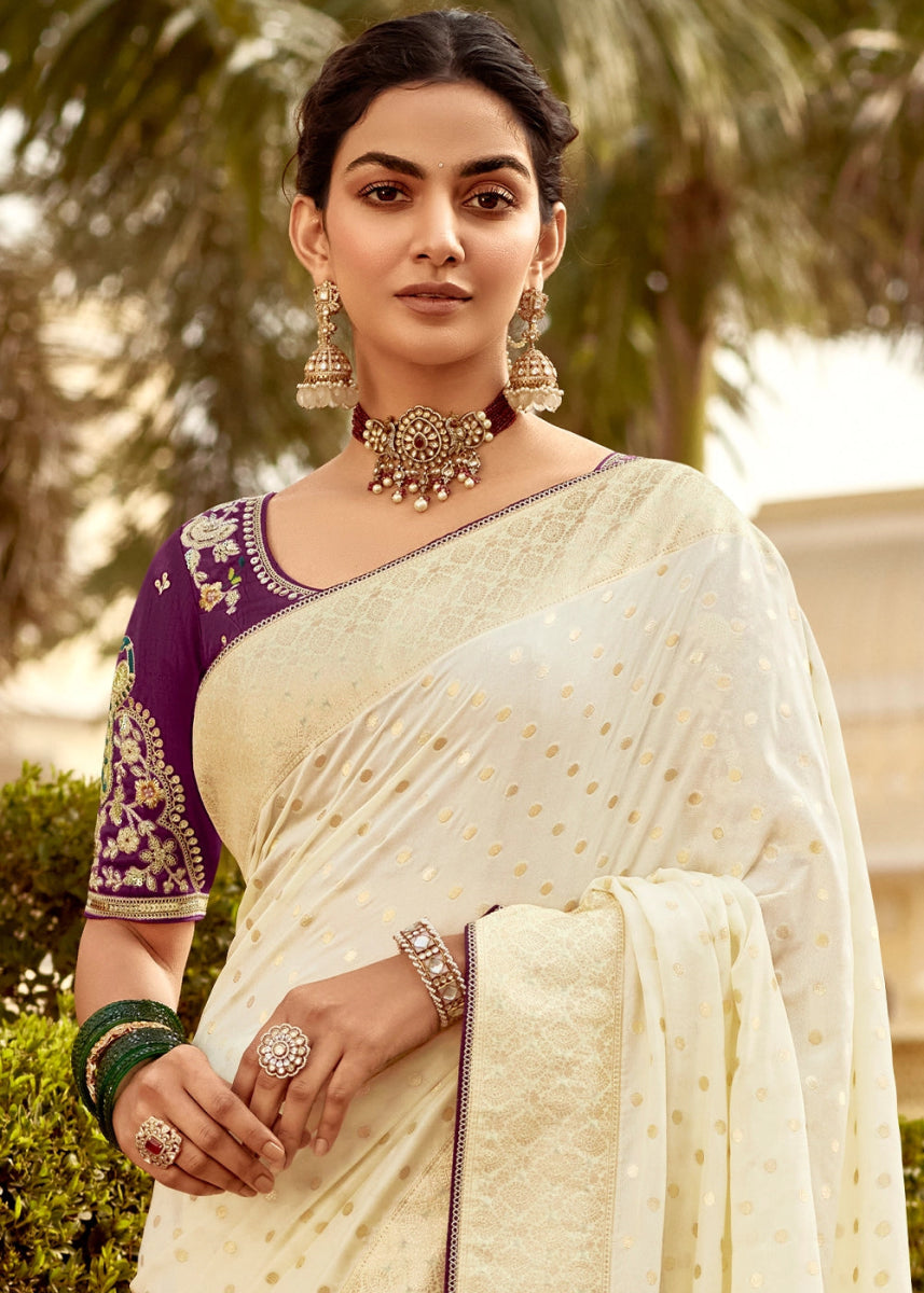 Cream White Dola Silk Saree with Intricate Weaving & Embroidered Blouse - House of Sarvati LLC