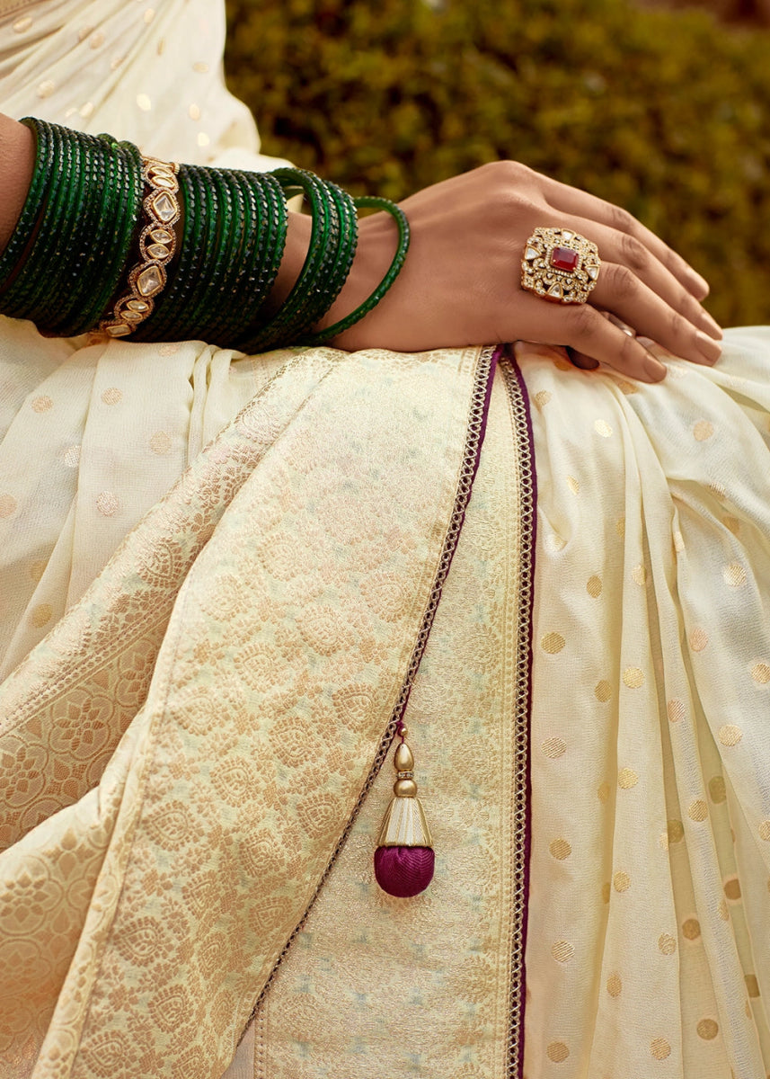 Cream White Dola Silk Saree with Intricate Weaving & Embroidered Blouse - House of Sarvati LLC