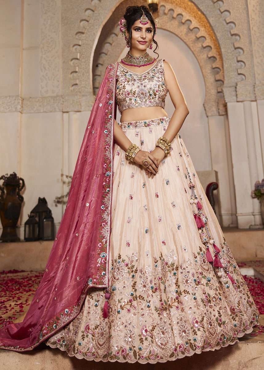 Cream White Embroidered Tissue Lehenga Choli with Beads & Stones Detailing - House of Sarvati LLC