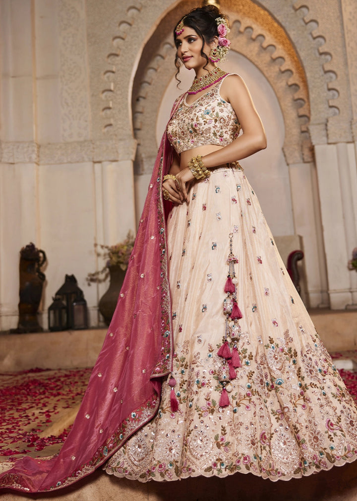 Cream White Embroidered Tissue Lehenga Choli with Beads & Stones Detailing - House of Sarvati LLC