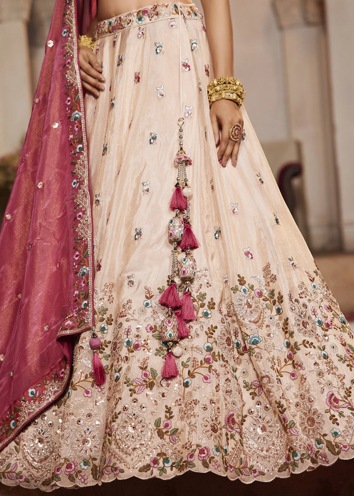 Cream White Embroidered Tissue Lehenga Choli with Beads & Stones Detailing - House of Sarvati LLC