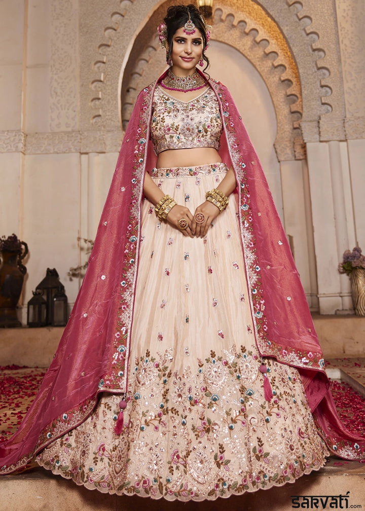Cream White Embroidered Tissue Lehenga Choli with Beads & Stones Detailing - House of Sarvati LLC