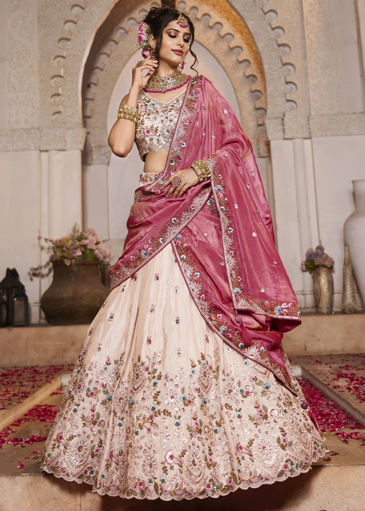 Cream White Embroidered Tissue Lehenga Choli with Beads & Stones Detailing - House of Sarvati LLC