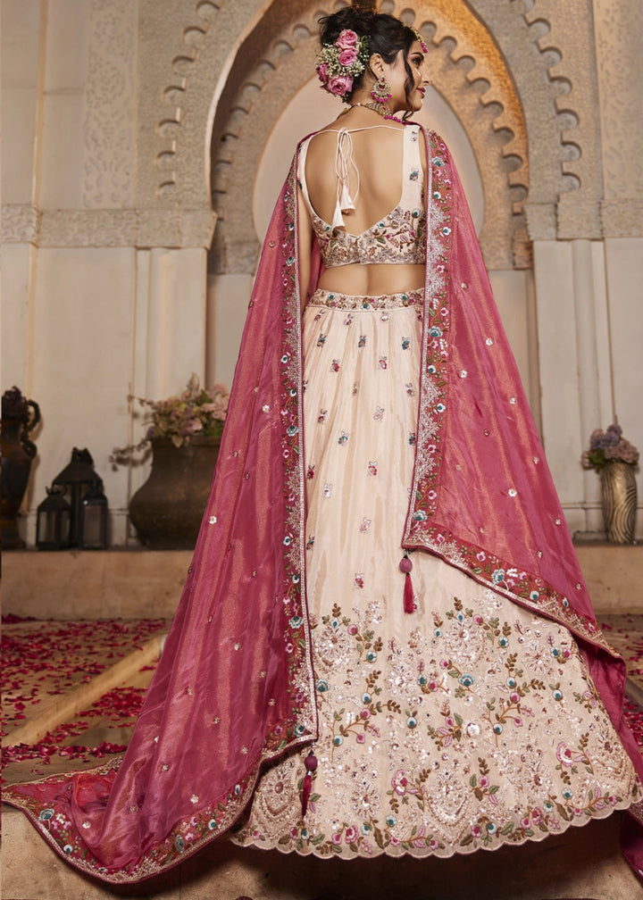 Cream White Embroidered Tissue Lehenga Choli with Beads & Stones Detailing - House of Sarvati LLC