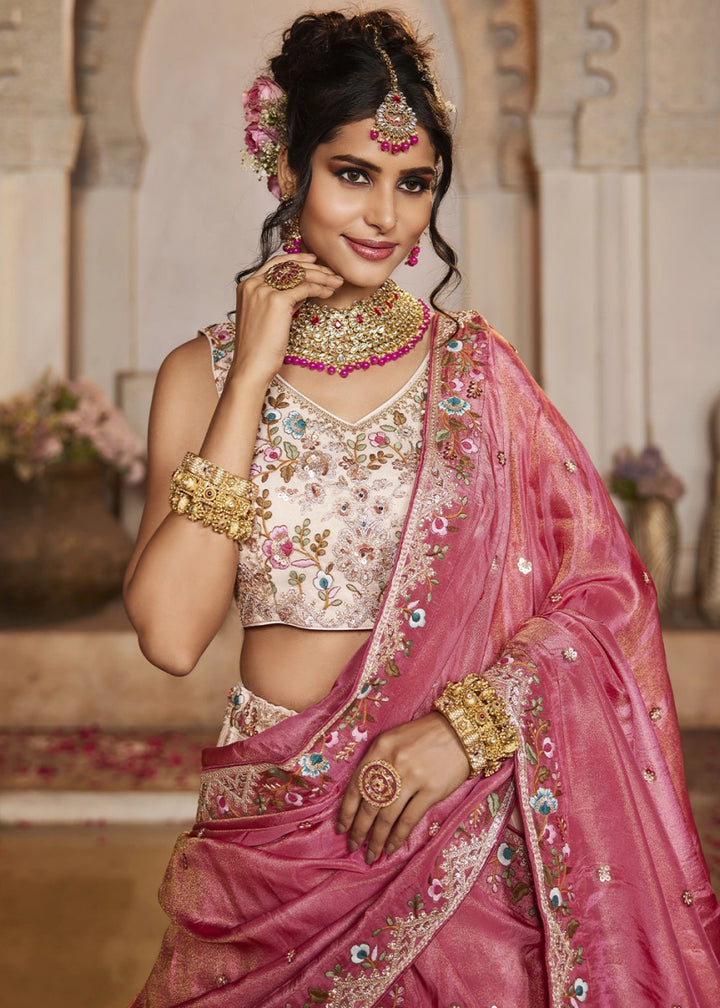 Cream White Embroidered Tissue Lehenga Choli with Beads & Stones Detailing - House of Sarvati LLC