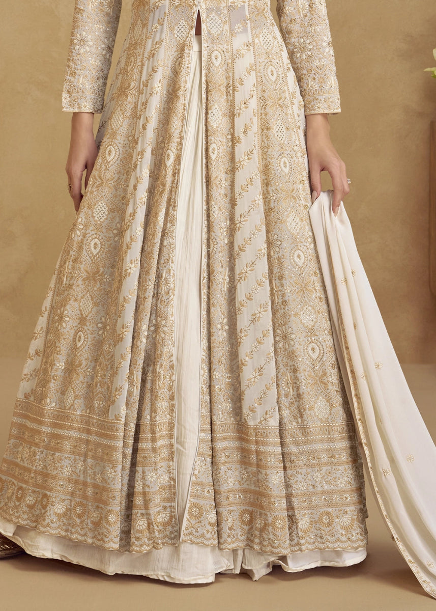 Cream White Georgette Skirt Suit with Slit and Detailed Thread Embroidery - House of Sarvati LLC