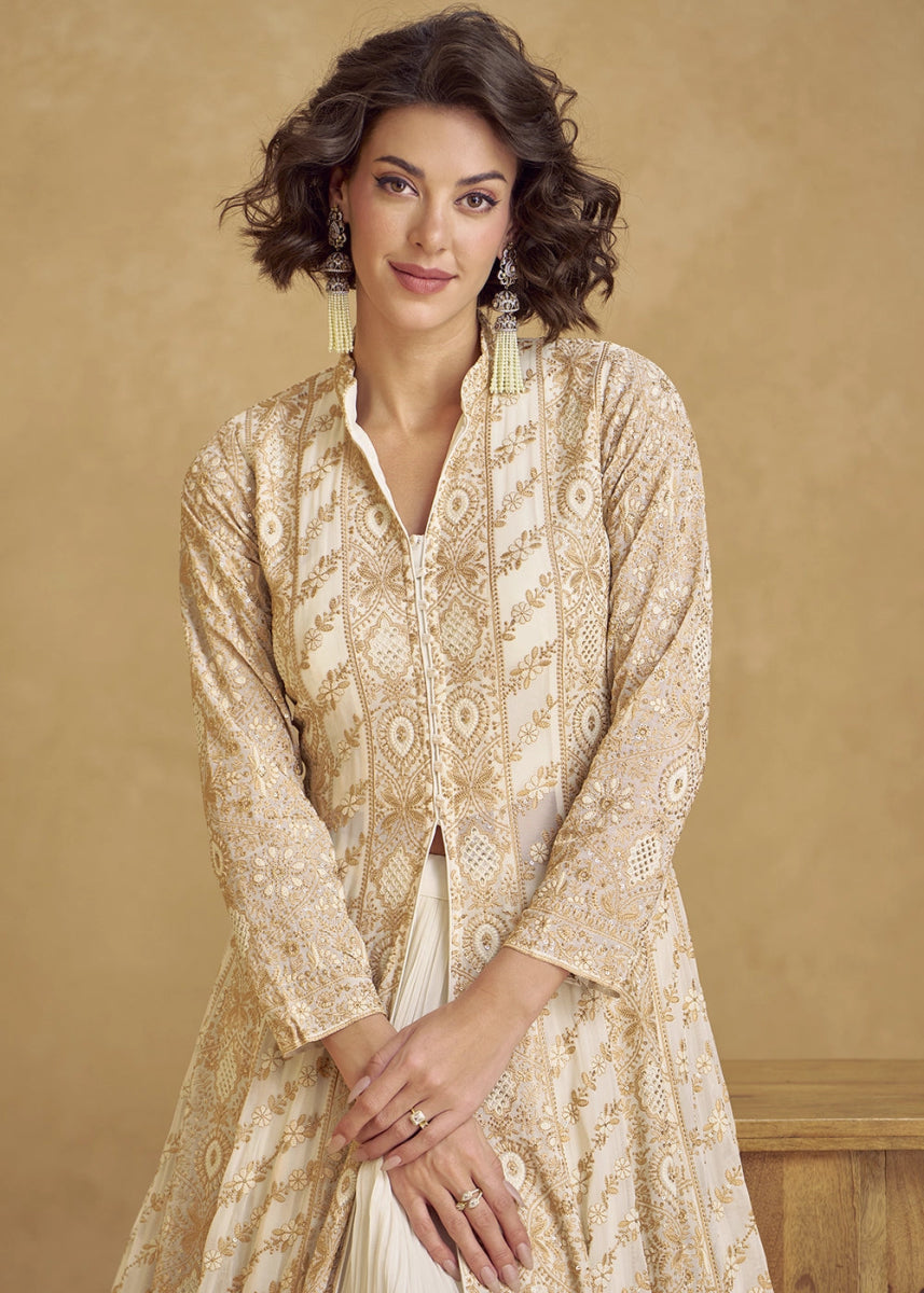 Cream White Georgette Skirt Suit with Slit and Detailed Thread Embroidery - House of Sarvati LLC