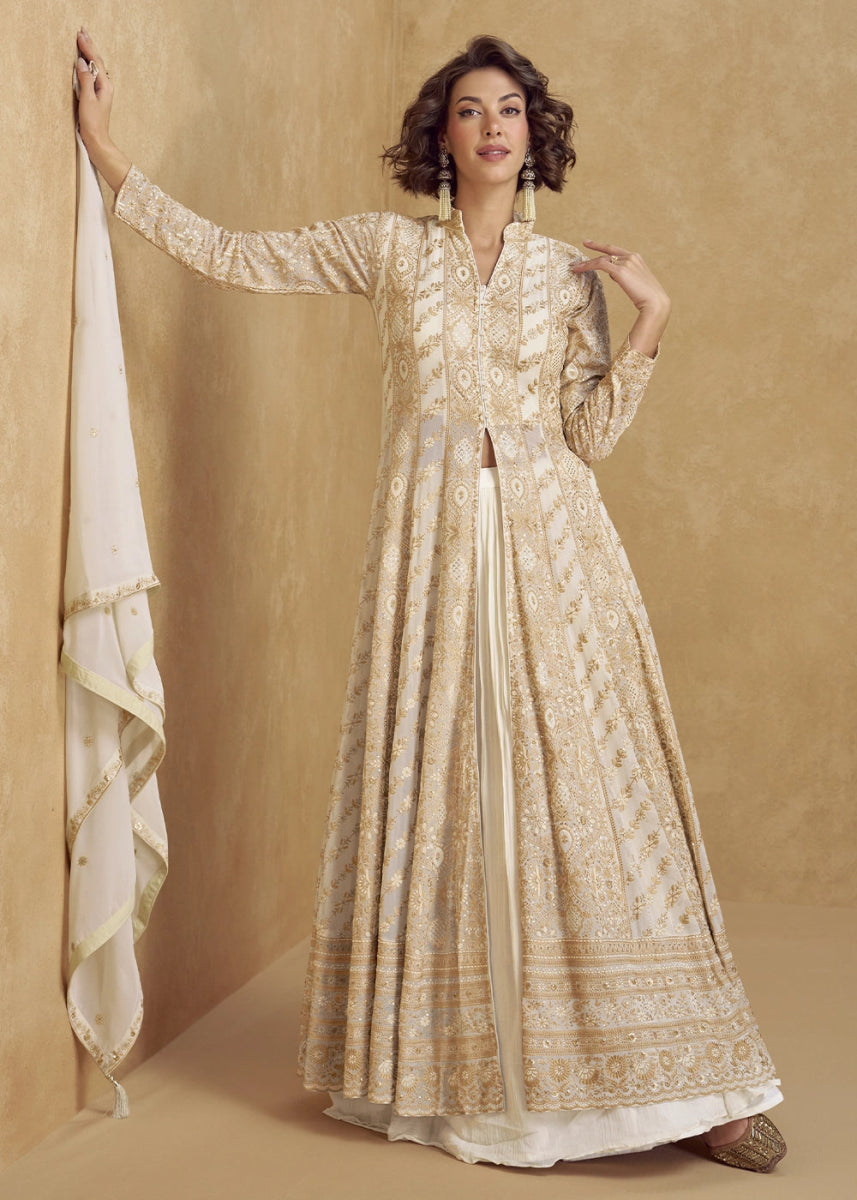 Cream White Georgette Skirt Suit with Slit and Detailed Thread Embroidery - House of Sarvati LLC