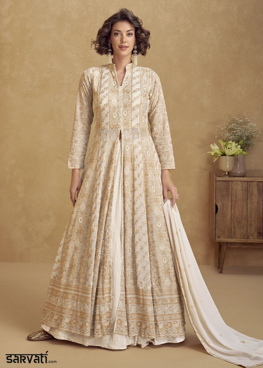 Cream White Georgette Skirt Suit with Slit and Detailed Thread Embroidery - House of Sarvati LLC