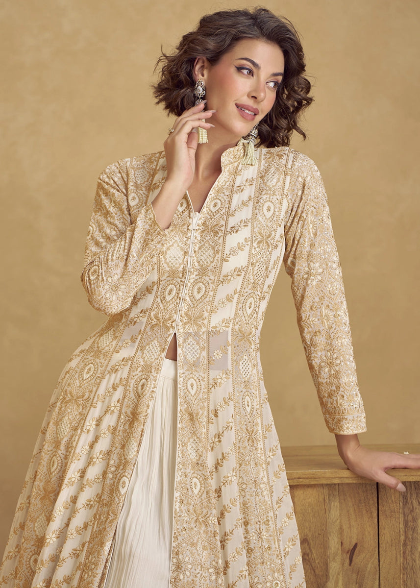 Cream White Georgette Skirt Suit with Slit and Detailed Thread Embroidery - House of Sarvati LLC