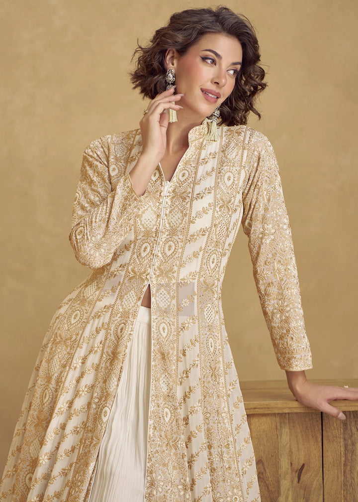 Cream White Georgette Skirt Suit with Slit and Detailed Thread Embroidery - House of Sarvati LLC
