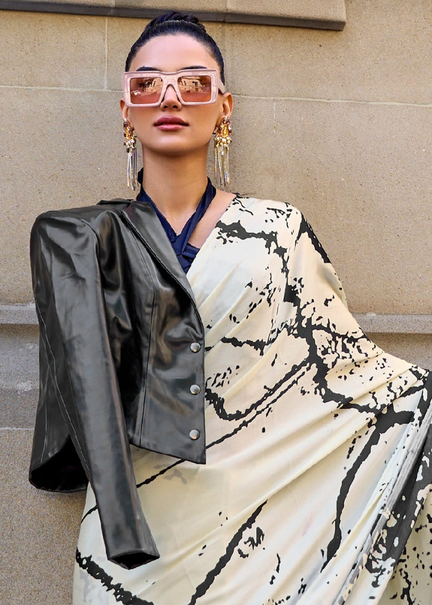 Cream White & Grey Lightweight Printed Saree in Satin Crepe - House of Sarvati LLC