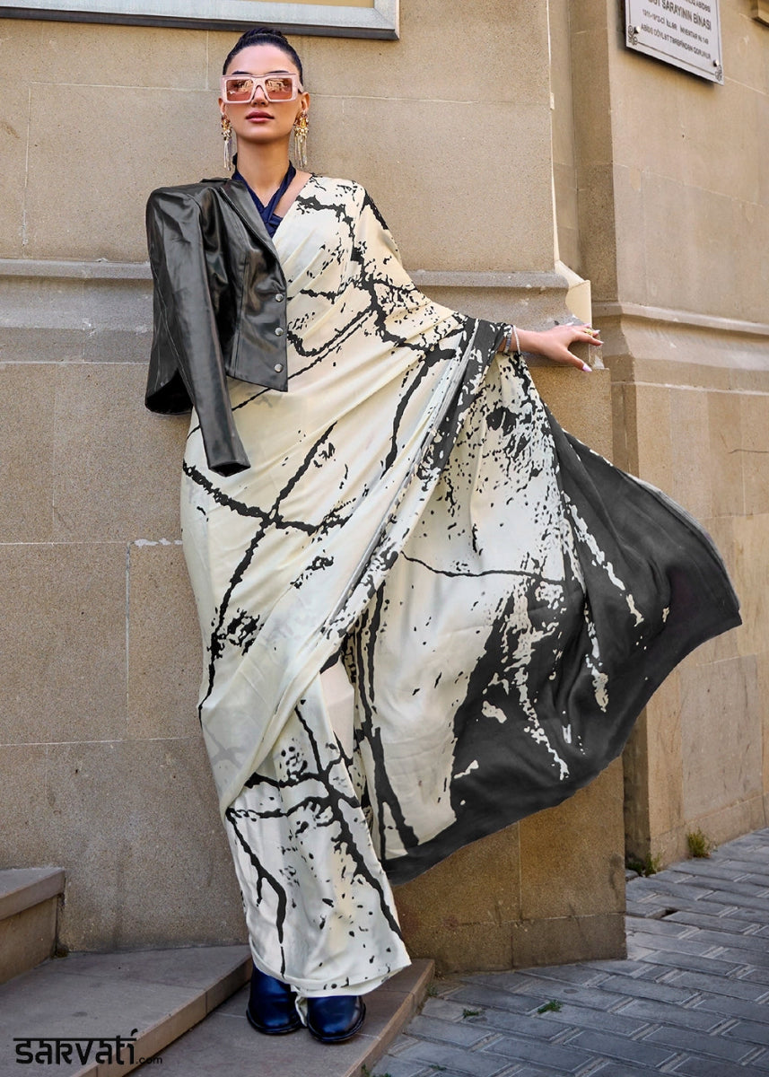 Cream White & Grey Lightweight Printed Saree in Satin Crepe - House of Sarvati LLC