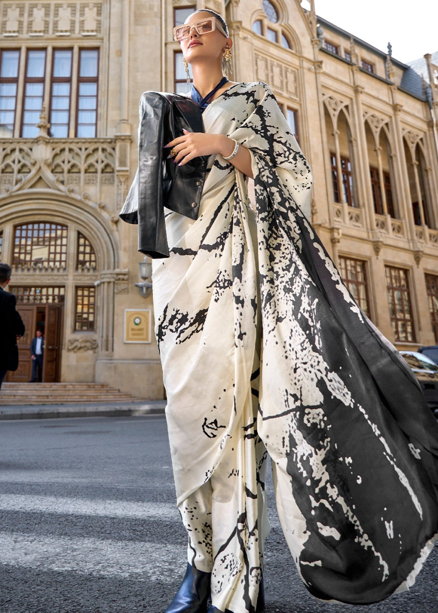 Cream White & Grey Lightweight Printed Saree in Satin Crepe - House of Sarvati LLC