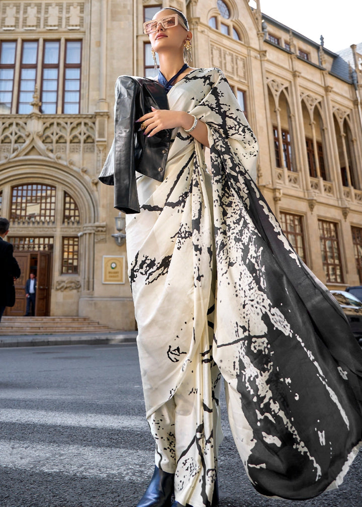 Cream White & Grey Lightweight Printed Saree in Satin Crepe - House of Sarvati LLC