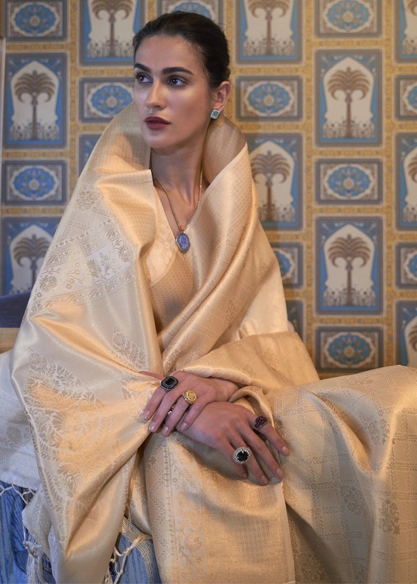 Cream White Handloom Kanjivaram Silk Saree With Regal Finish - House of Sarvati LLC