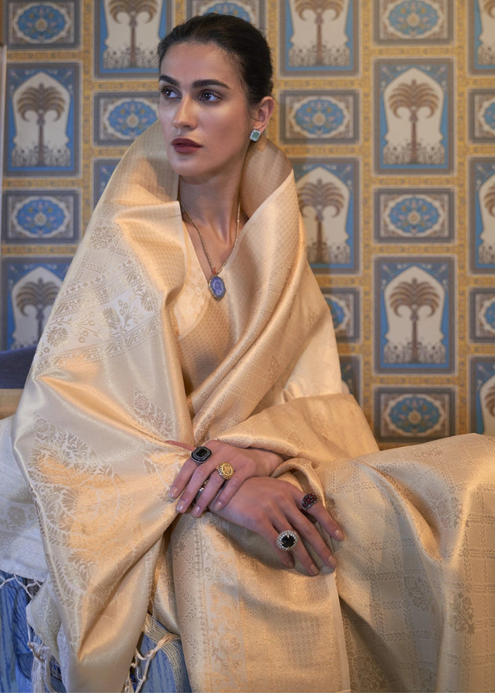 Cream White Handloom Kanjivaram Silk Saree With Regal Finish - House of Sarvati LLC
