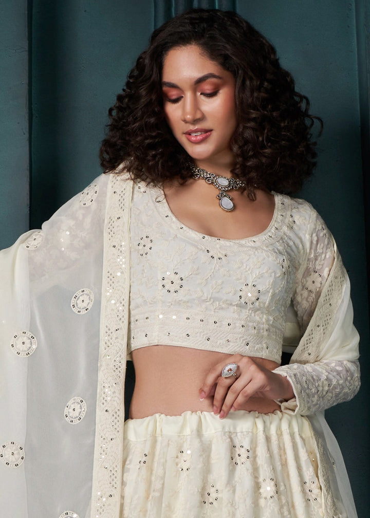 Cream White Lehenga Choli in Georgette with Detailed Floral Thread & Sequins Embroidery - House of Sarvati LLC