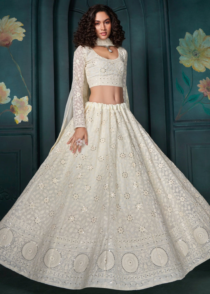 Cream White Lehenga Choli in Georgette with Detailed Floral Thread & Sequins Embroidery - House of Sarvati LLC