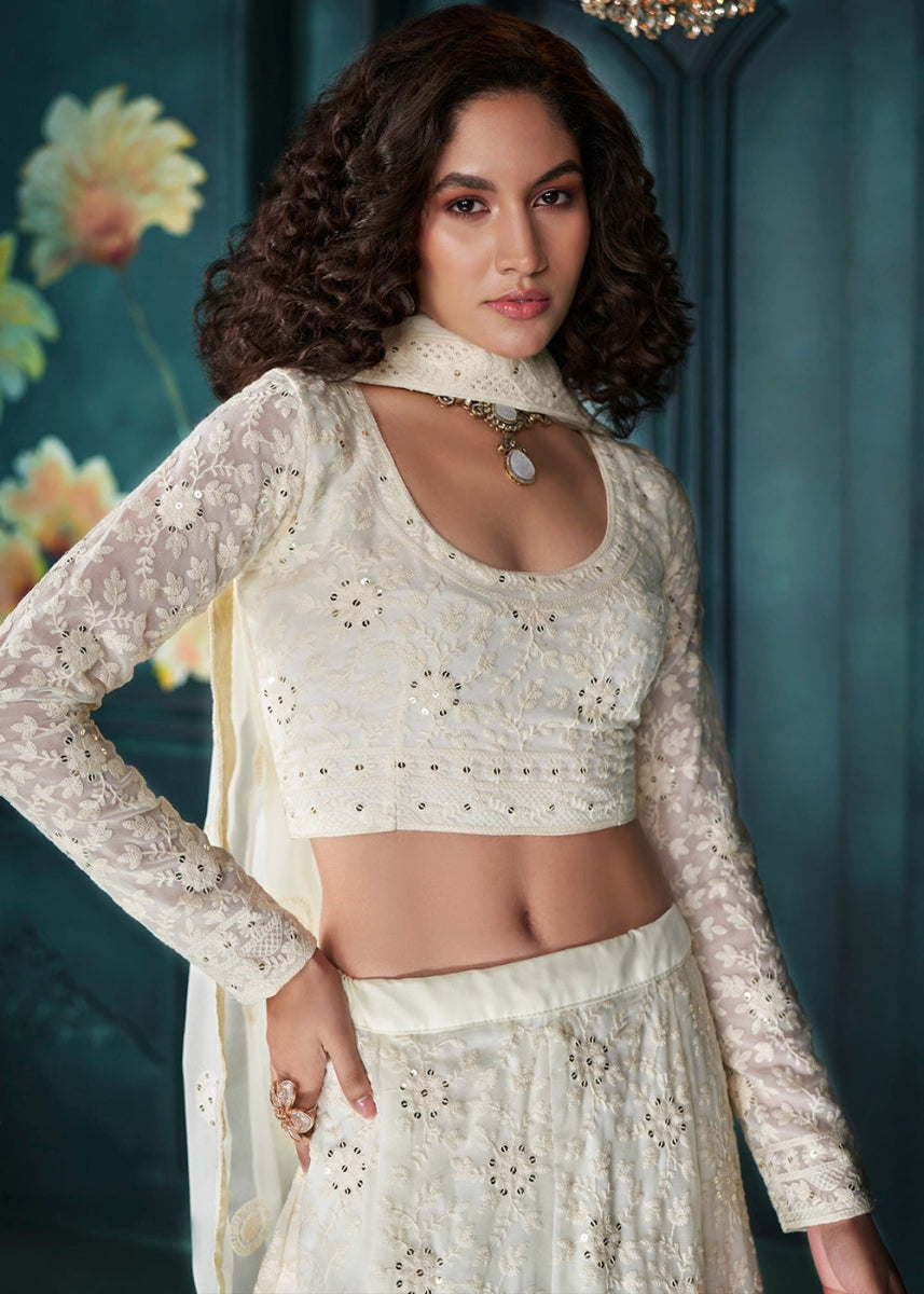 Cream White Lehenga Choli in Georgette with Detailed Floral Thread & Sequins Embroidery - House of Sarvati LLC