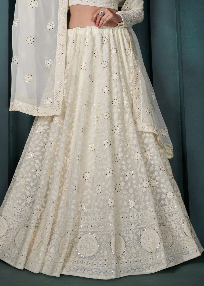 Cream White Lehenga Choli in Georgette with Detailed Floral Thread & Sequins Embroidery - House of Sarvati LLC