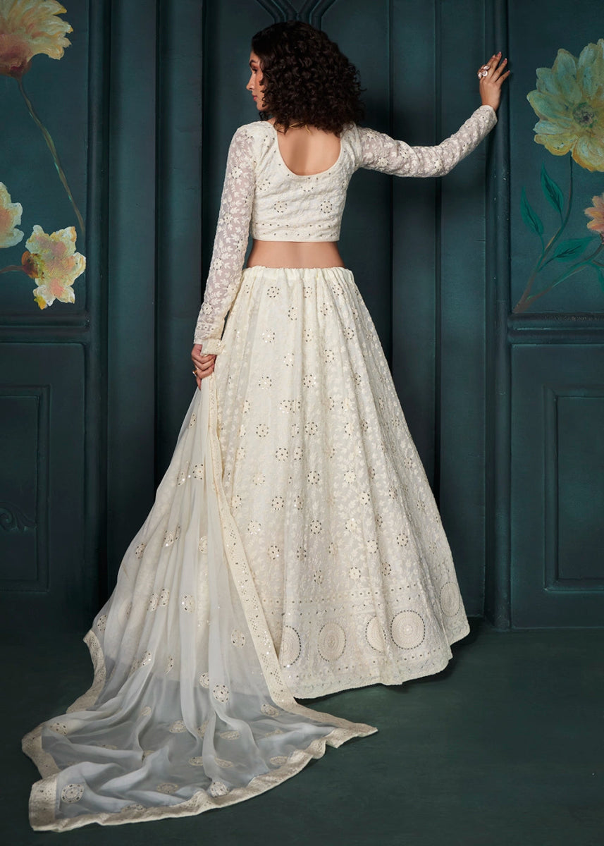 Cream White Lehenga Choli in Georgette with Detailed Floral Thread & Sequins Embroidery - House of Sarvati LLC