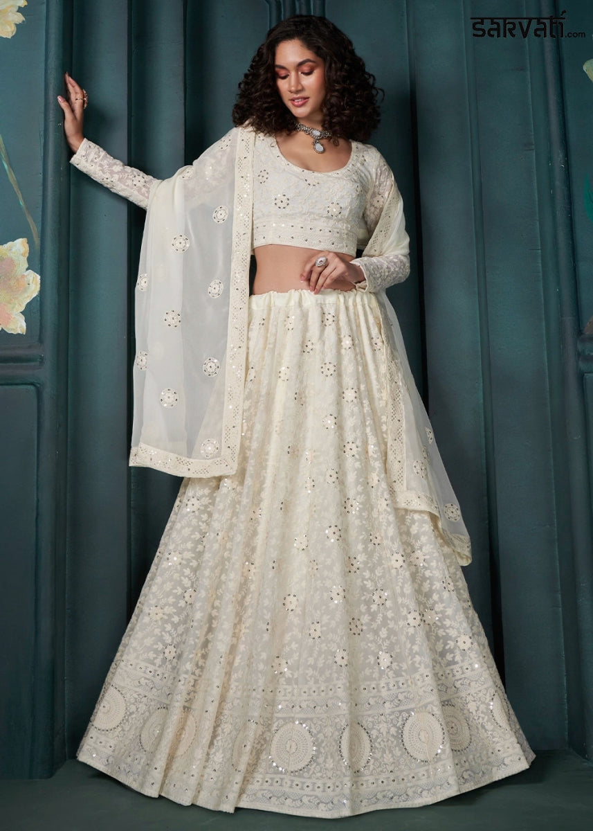 Cream White Lehenga Choli in Georgette with Detailed Floral Thread & Sequins Embroidery - House of Sarvati LLC