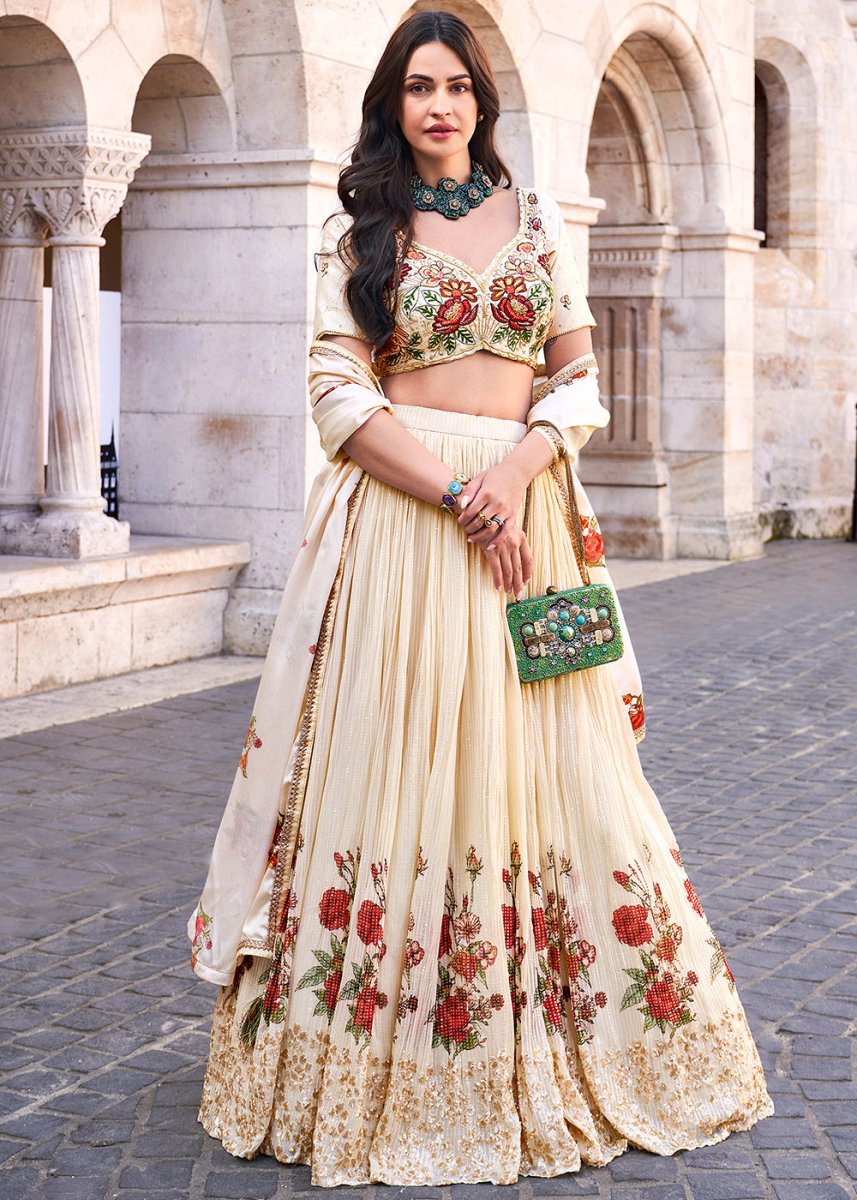 Cream White Lehenga in Chinon Silk with Embroidered Blouse - House of Sarvati LLC