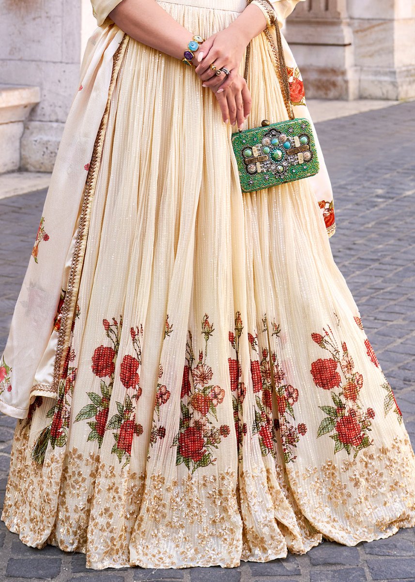 Cream White Lehenga in Chinon Silk with Embroidered Blouse - House of Sarvati LLC