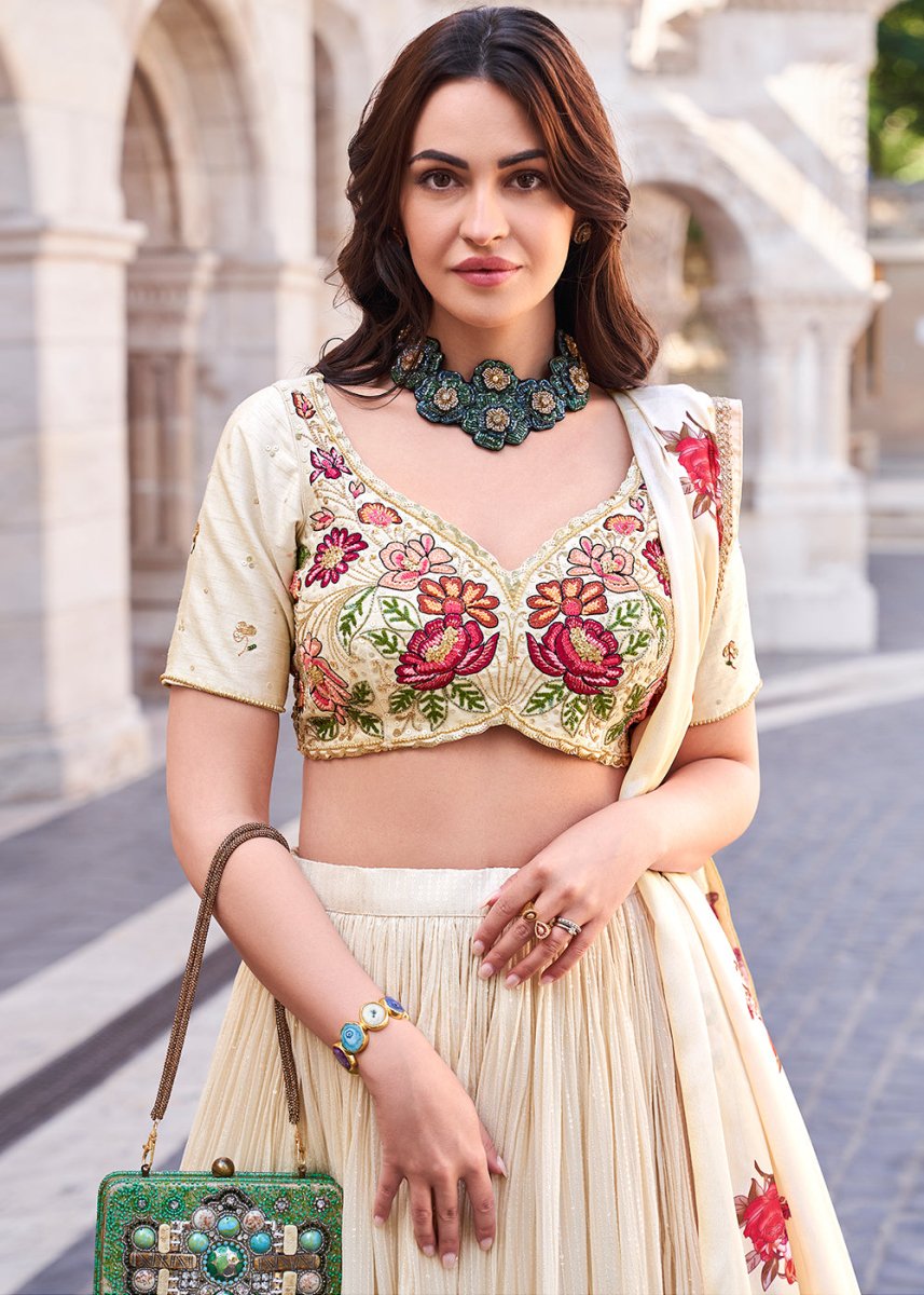 Cream White Lehenga in Chinon Silk with Embroidered Blouse - House of Sarvati LLC