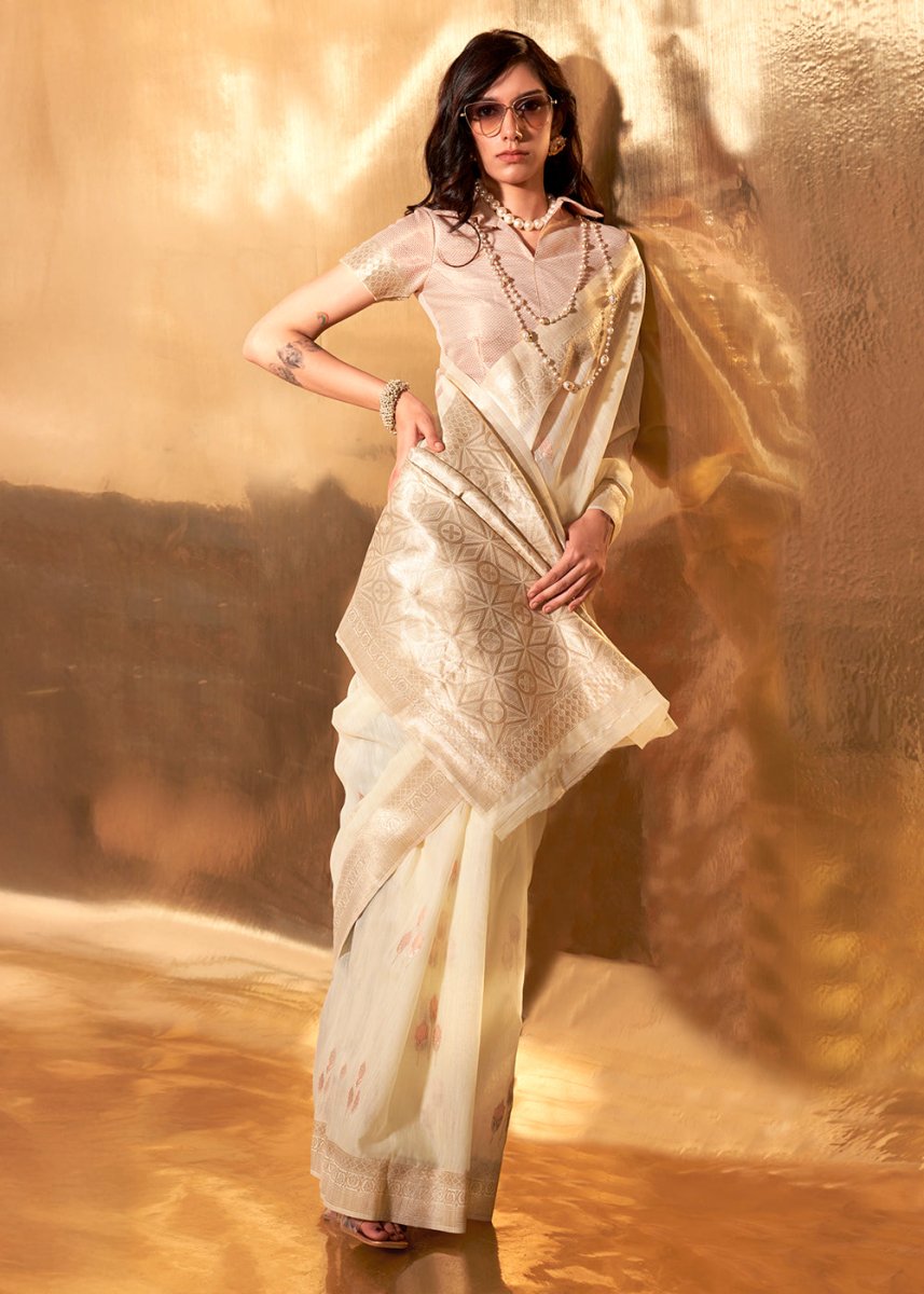 Cream White Linen Silk Saree with Woven Zari Highlights - House of Sarvati LLC